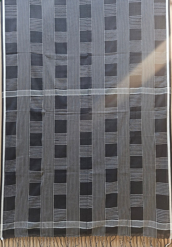 Black & White Premium Handloom Cotton Checks Saree Balaram Saha