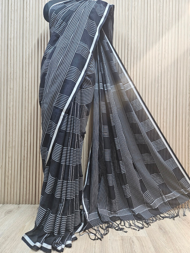 Black & White Premium Handloom Cotton Checks Saree Balaram Saha