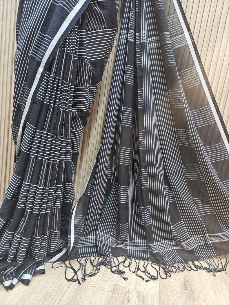 Black & White Premium Handloom Cotton Checks Saree Balaram Saha