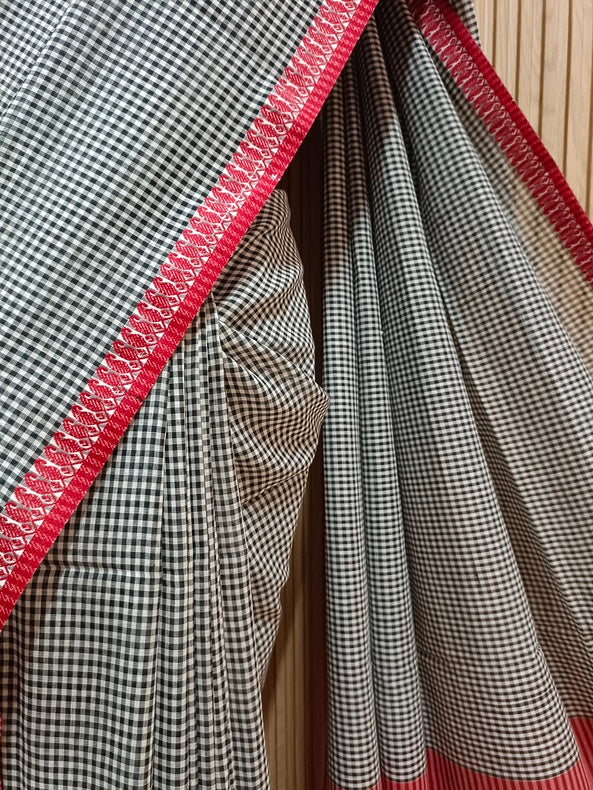White & Black Soft Handloom Cotton Checked Saree with Red Woven Pagely Border Balaram Saha
