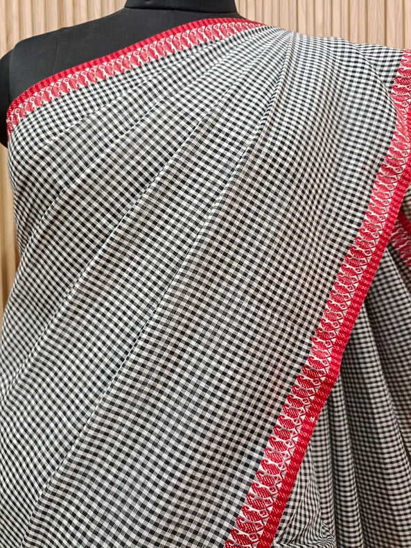 White & Black Soft Handloom Cotton Checked Saree with Red Woven Pagely Border Balaram Saha