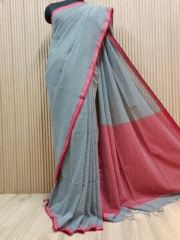 White & Black Soft Handloom Cotton Checked Saree with Red Woven Pagely Border Balaram Saha