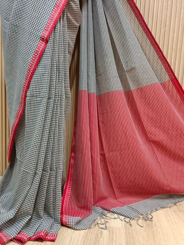 White & Black Soft Handloom Cotton Checked Saree with Red Woven Pagely Border Balaram Saha