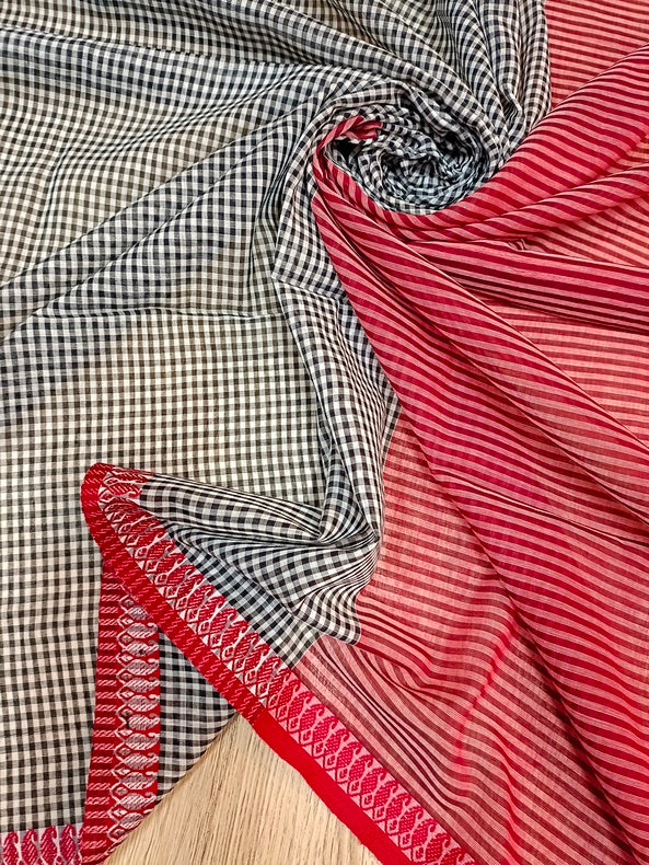 White & Black Soft Handloom Cotton Checked Saree with Red Woven Pagely Border Balaram Saha