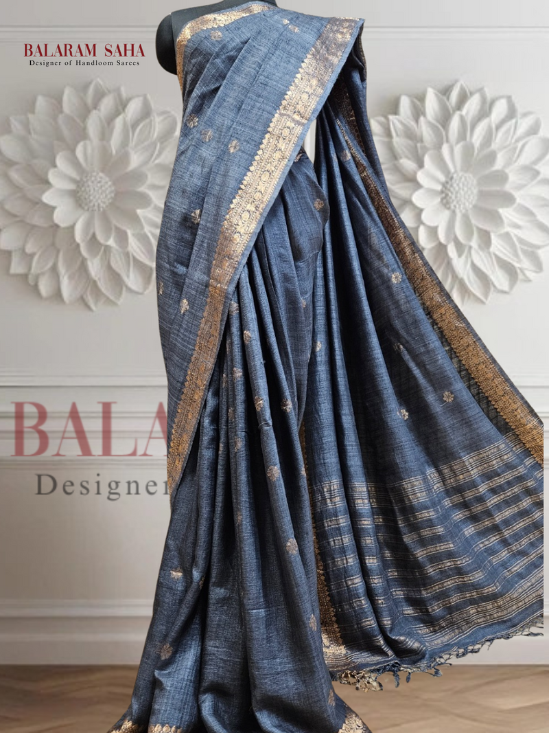 Grey Soft Handloom Primium Matka Silk Saree With Zari Border Balaram Saha