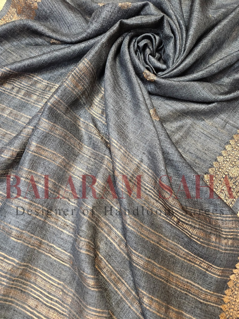 Grey Soft Handloom Primium Matka Silk Saree With Zari Border Balaram Saha