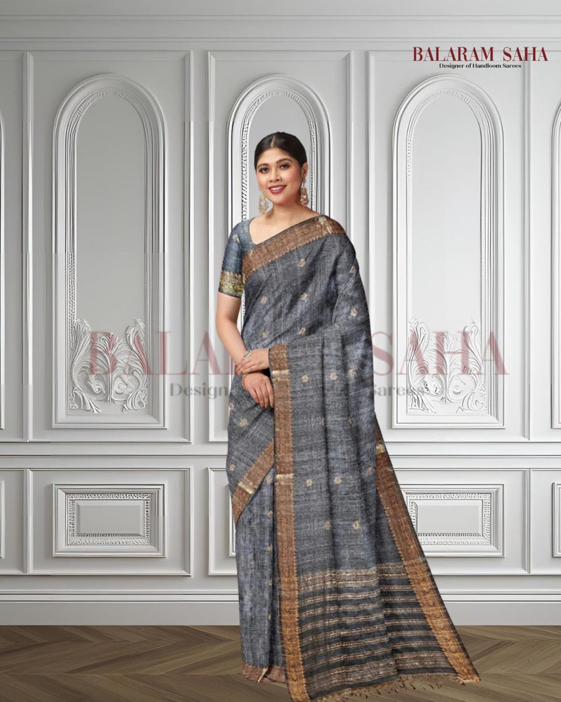 Grey Soft Handloom Premium Matka Silk Saree With Zari Border Balaram Saha