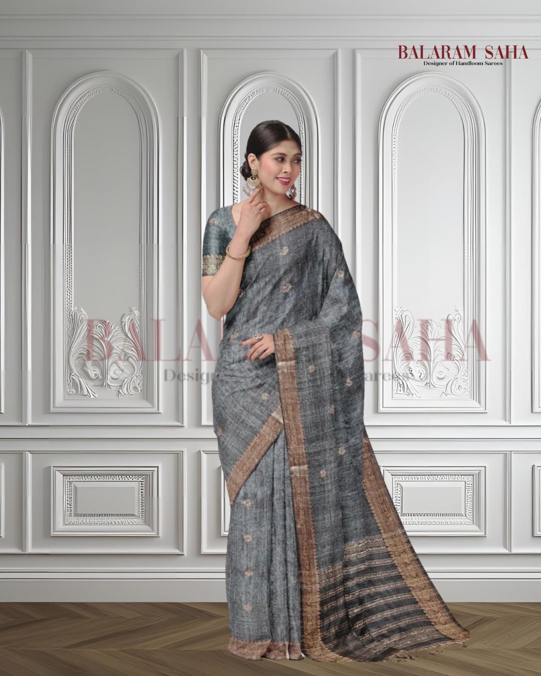 Grey Soft Handloom Premium Matka Silk Saree With Zari Border Balaram Saha