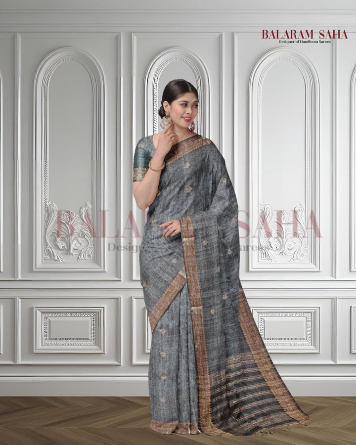Grey Soft Handloom Premium Matka Silk Saree With Zari Border Balaram Saha