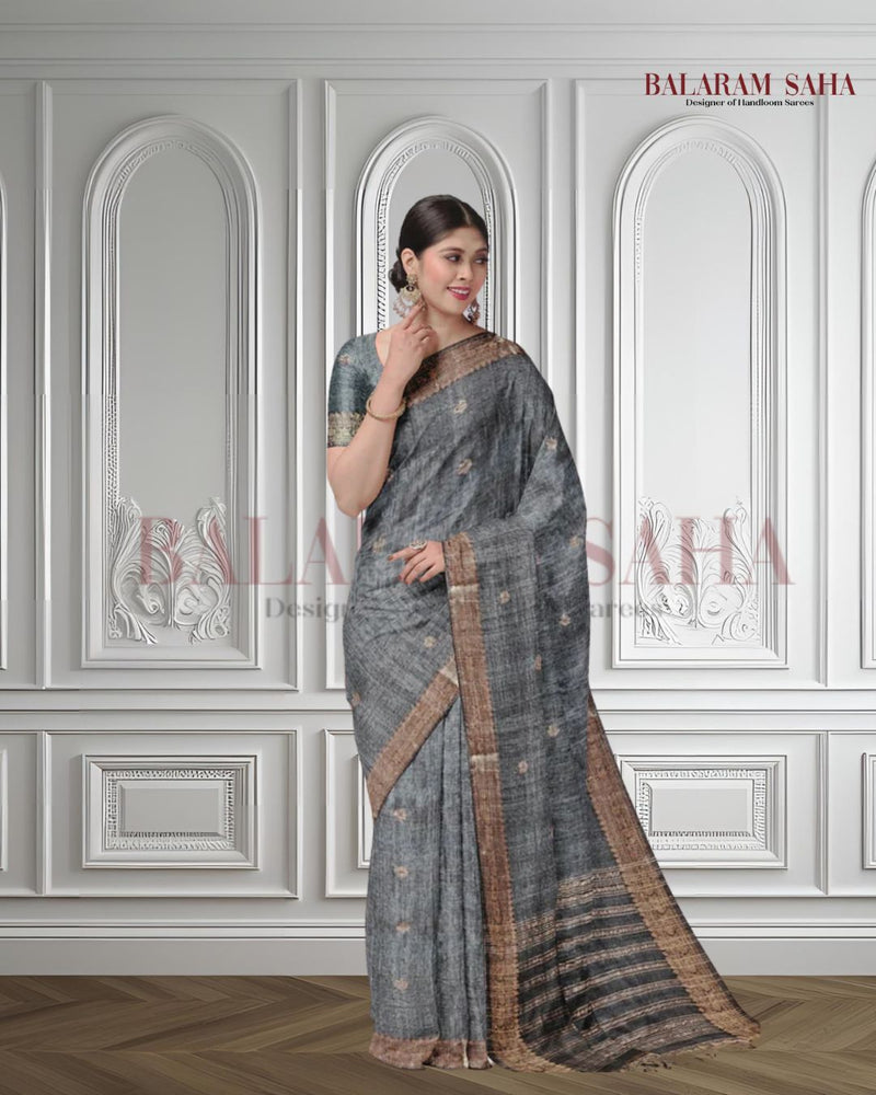 Grey Soft Handloom Premium Matka Silk Saree With Zari Border Balaram Saha
