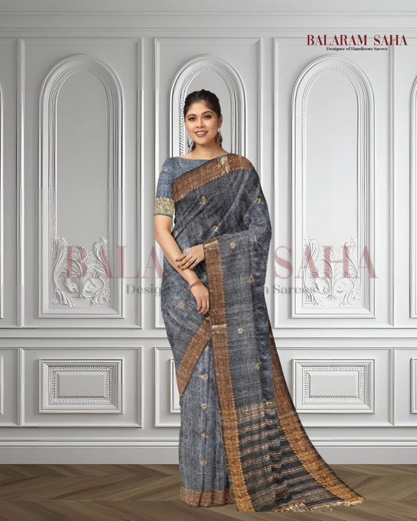 Grey Soft Handloom Primium Matka Silk Saree With Zari Border Balaram Saha