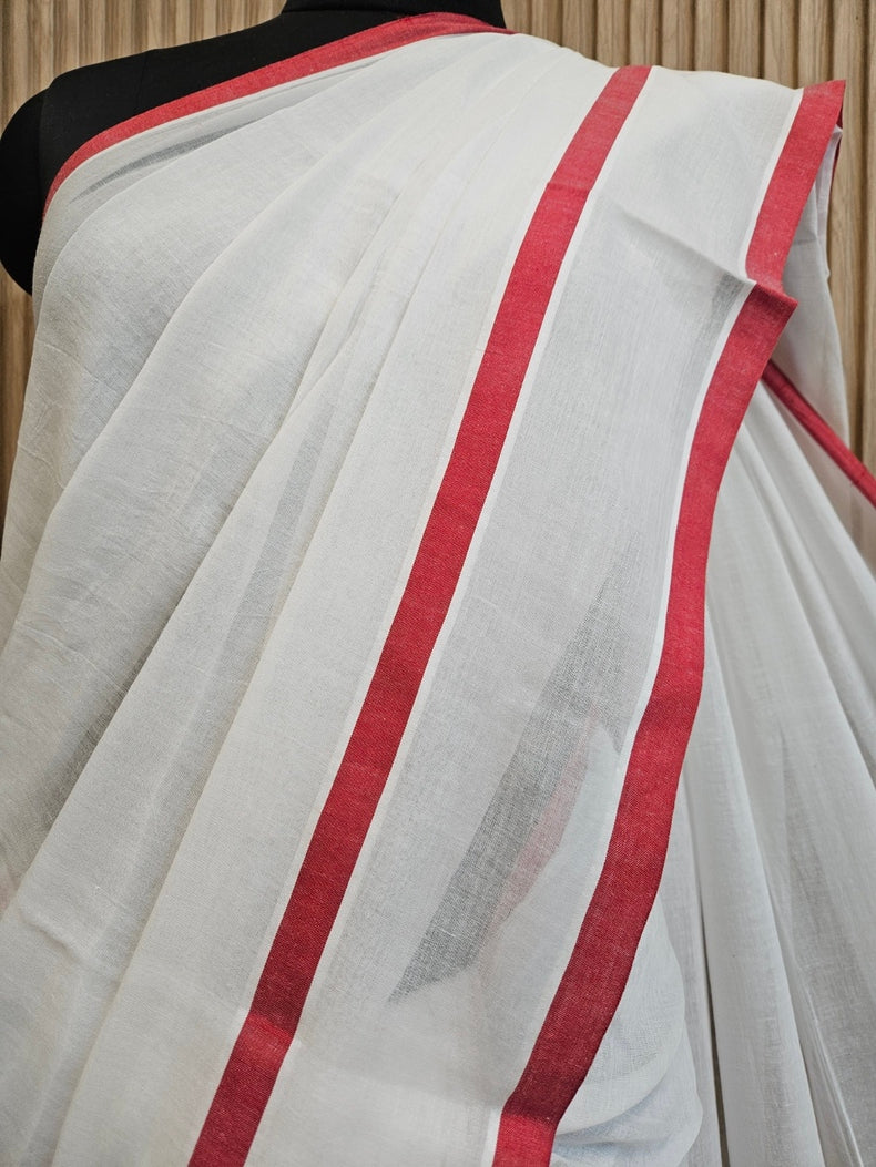 White & Red Soft Handloom Mul Cotton Saree with Red Border Balaram Saha
