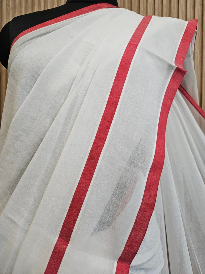 White & Red Soft Handloom Mul Cotton Saree with Red Border Balaram Saha