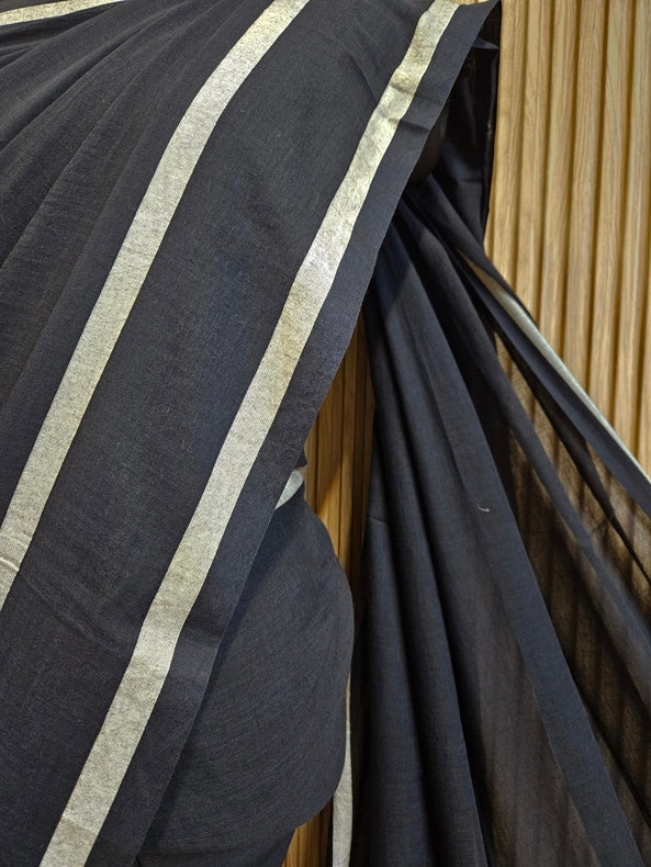 Black & White Soft Handloom Mul Cotton Saree With White Border Balaram Saha