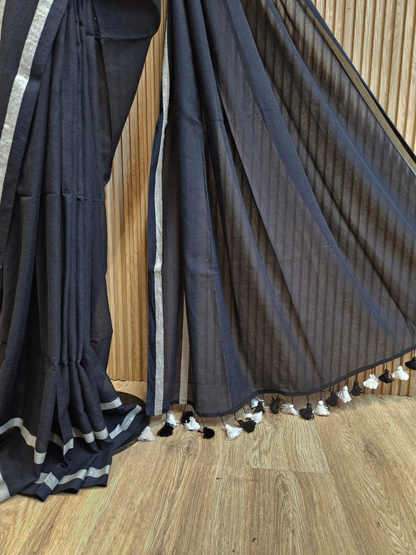Black & White Soft Handloom Mul Cotton Saree With White Border Balaram Saha