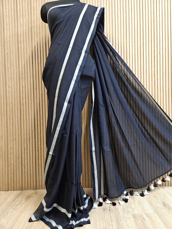 Black & White Soft Handloom Mul Cotton Saree With White Border Balaram Saha