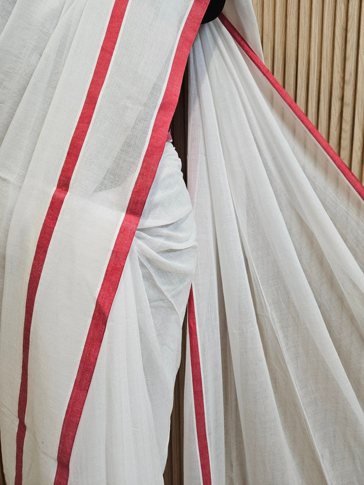 White & Red Soft Handloom Mul Cotton Saree with Red Border Balaram Saha