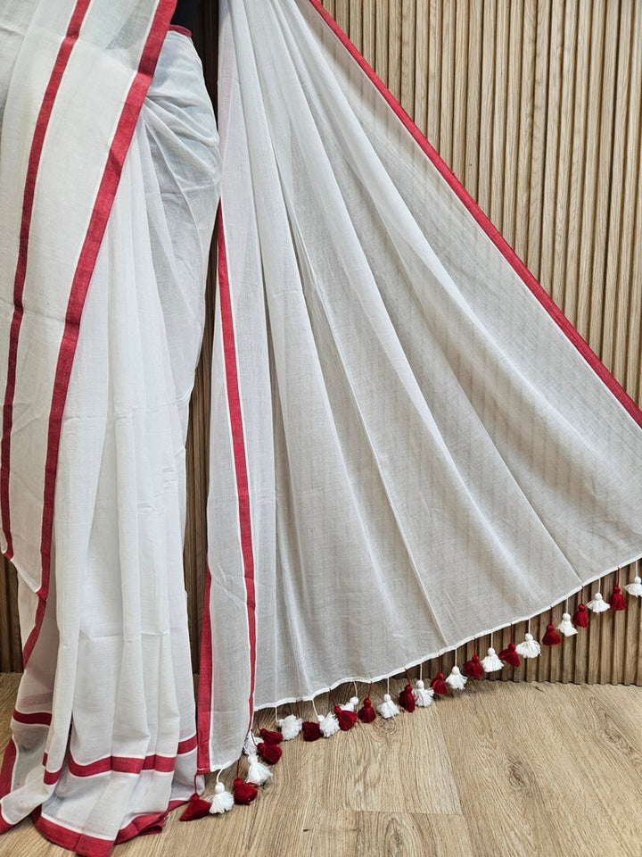 White & Red Soft Handloom Mul Cotton Saree with Red Border Balaram Saha