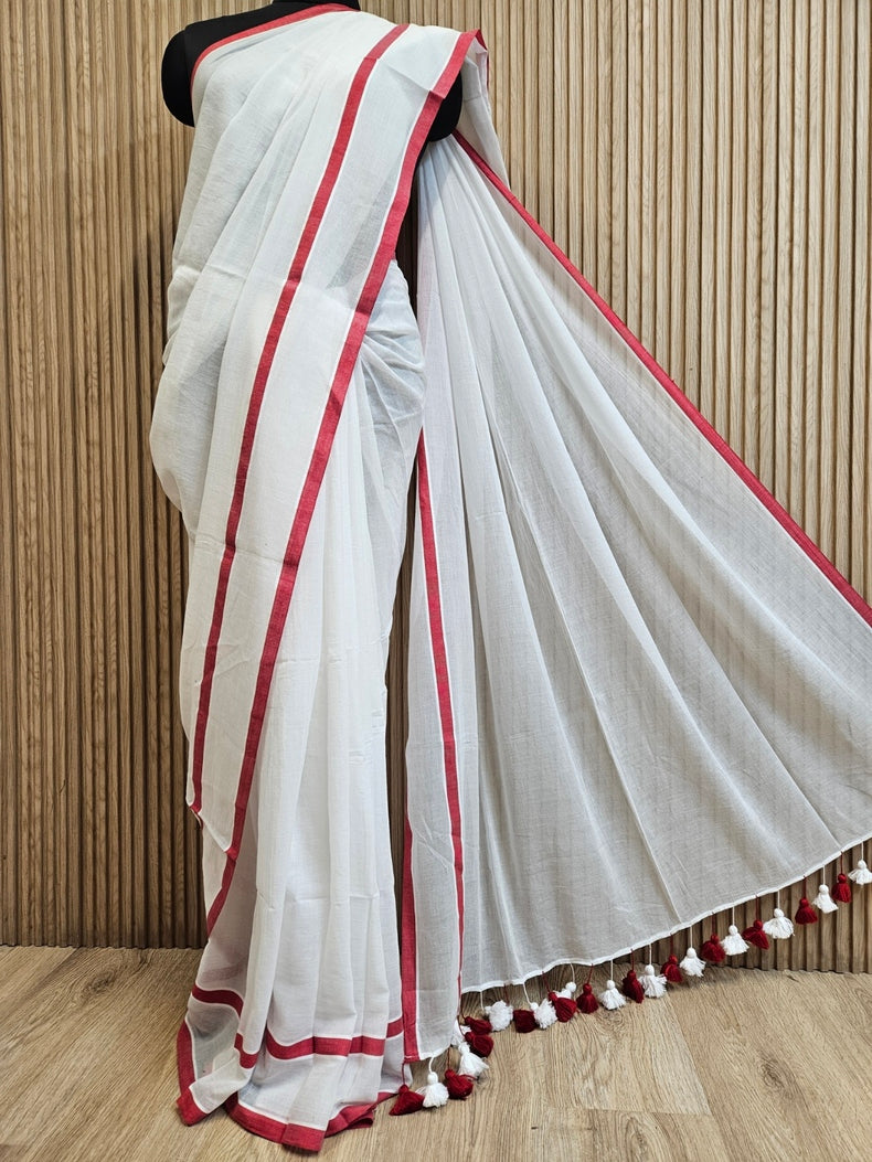 White & Red Soft Handloom Mul Cotton Saree with Red Border Balaram Saha