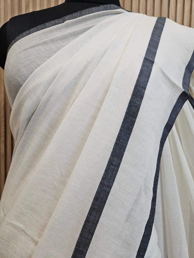 Off-White & Black Soft Handloom Mul Cotton Saree with Black Border Balaram Saha