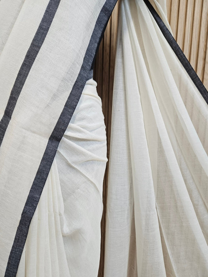 Off-White & Black Soft Handloom Mul Cotton Saree with Black Border Balaram Saha