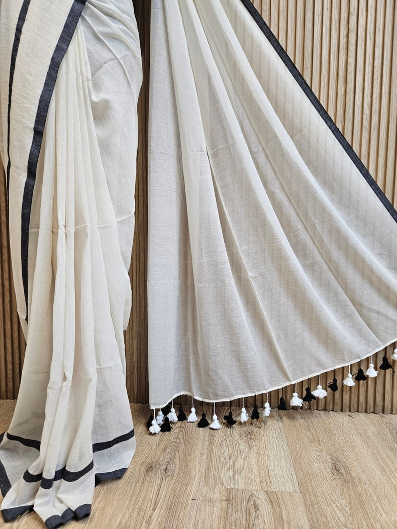 Off-White & Black Soft Handloom Mul Cotton Saree with Black Border Balaram Saha