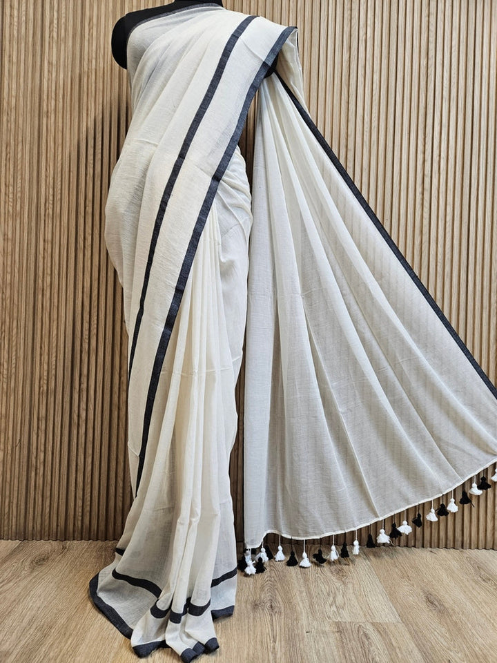 Off-White & Black Soft Handloom Mul Cotton Saree with Black Border Balaram Saha