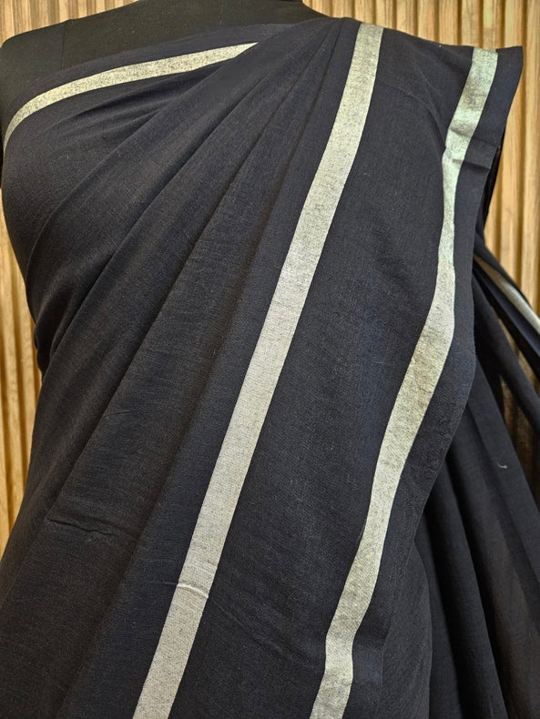 Black & White Soft Handloom Mul Cotton Saree With White Border Balaram Saha