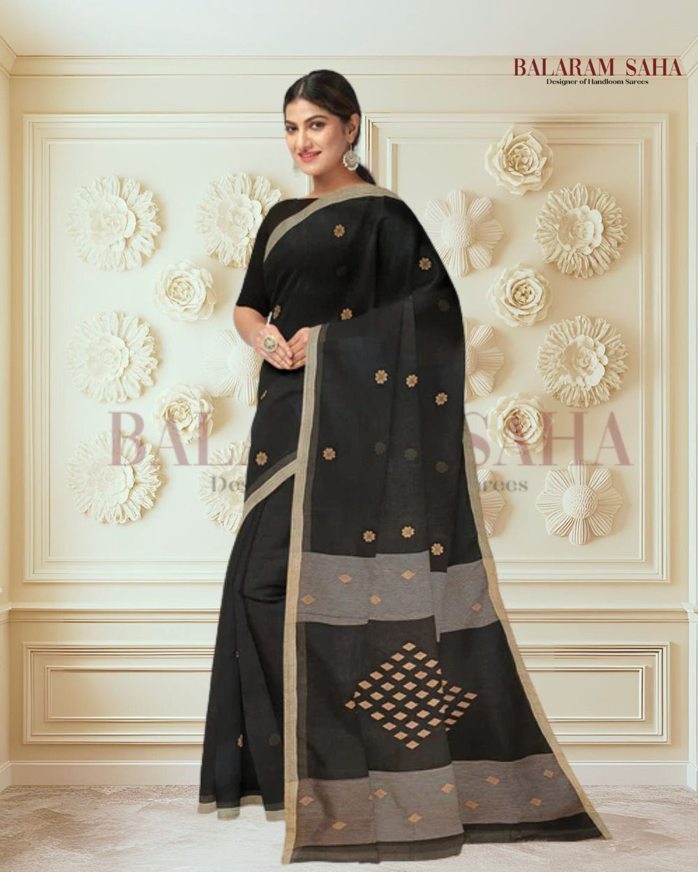 Black & Beige Handloom Handwoven Cotton Jamdani saree Balaram Saha