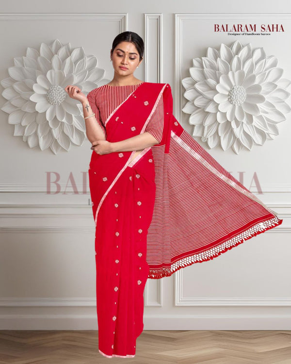 Red Handloom Soft Mul Cotton Dhakai saree Balaram Saha