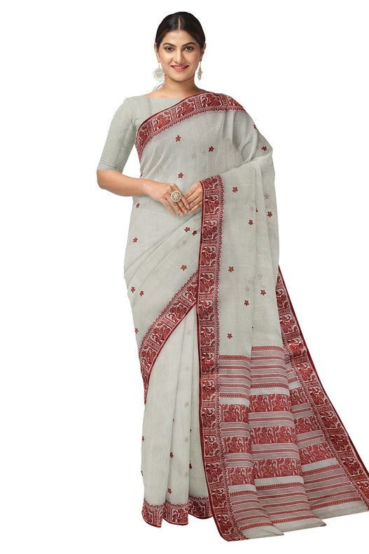 Off White & Red, traditional cotton Jacquard weave saree Balaram Saha