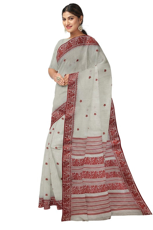 Off White & Red, traditional cotton Jacquard weave saree Balaram Saha