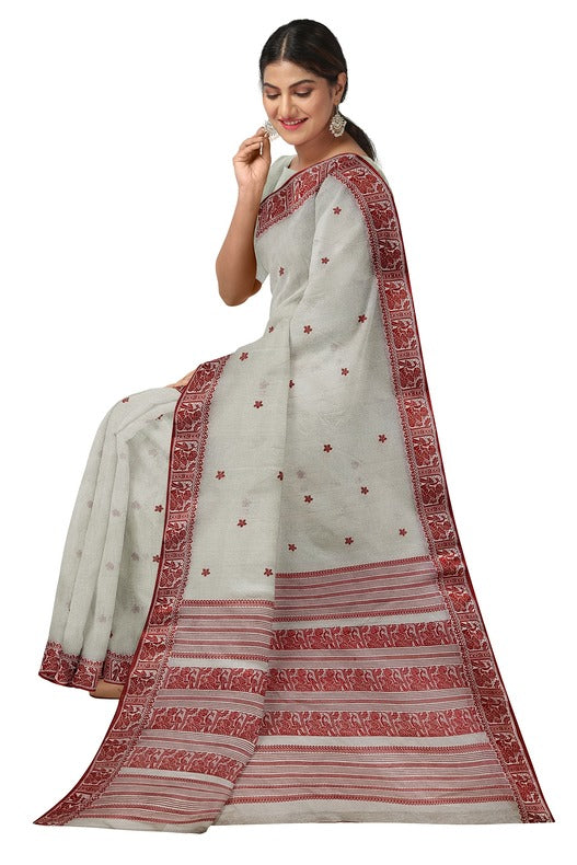 Off White & Red, traditional cotton Jacquard weave saree Balaram Saha