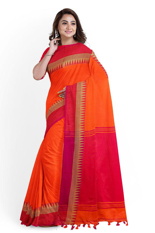 Orange body and Rani Pink anchal Handloom Cotton Sari Balaram Saha