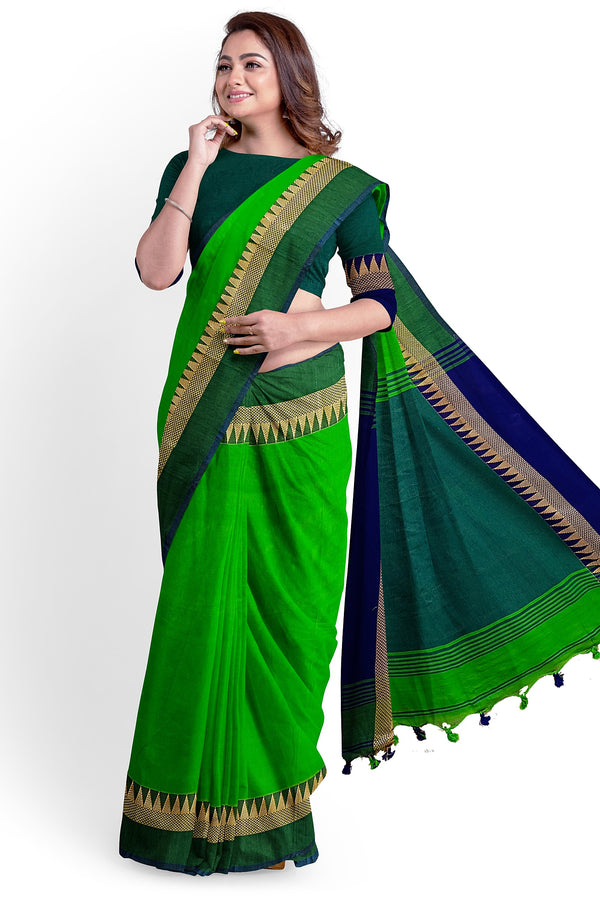Green body and Blue anchal Handloom Cotton Sari Balaram Saha