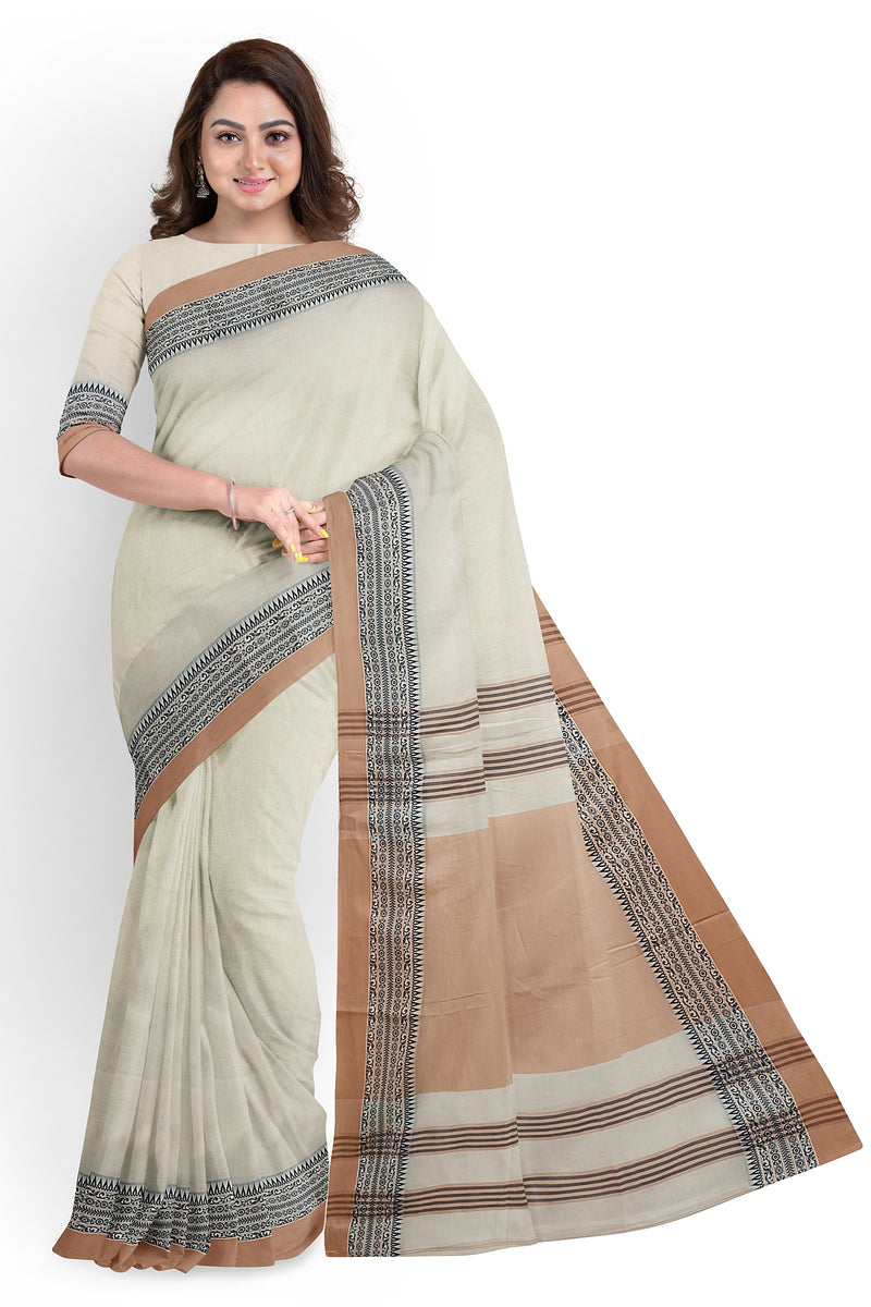 Off-White Beige & Blue Color Handloom Super Soft Cotton Saree Balaram Saha