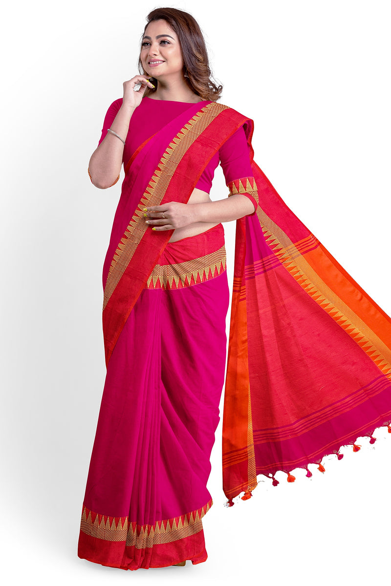 Rani Pink body and Orange Anchal Handloom Cotton Saree Balaram Saha