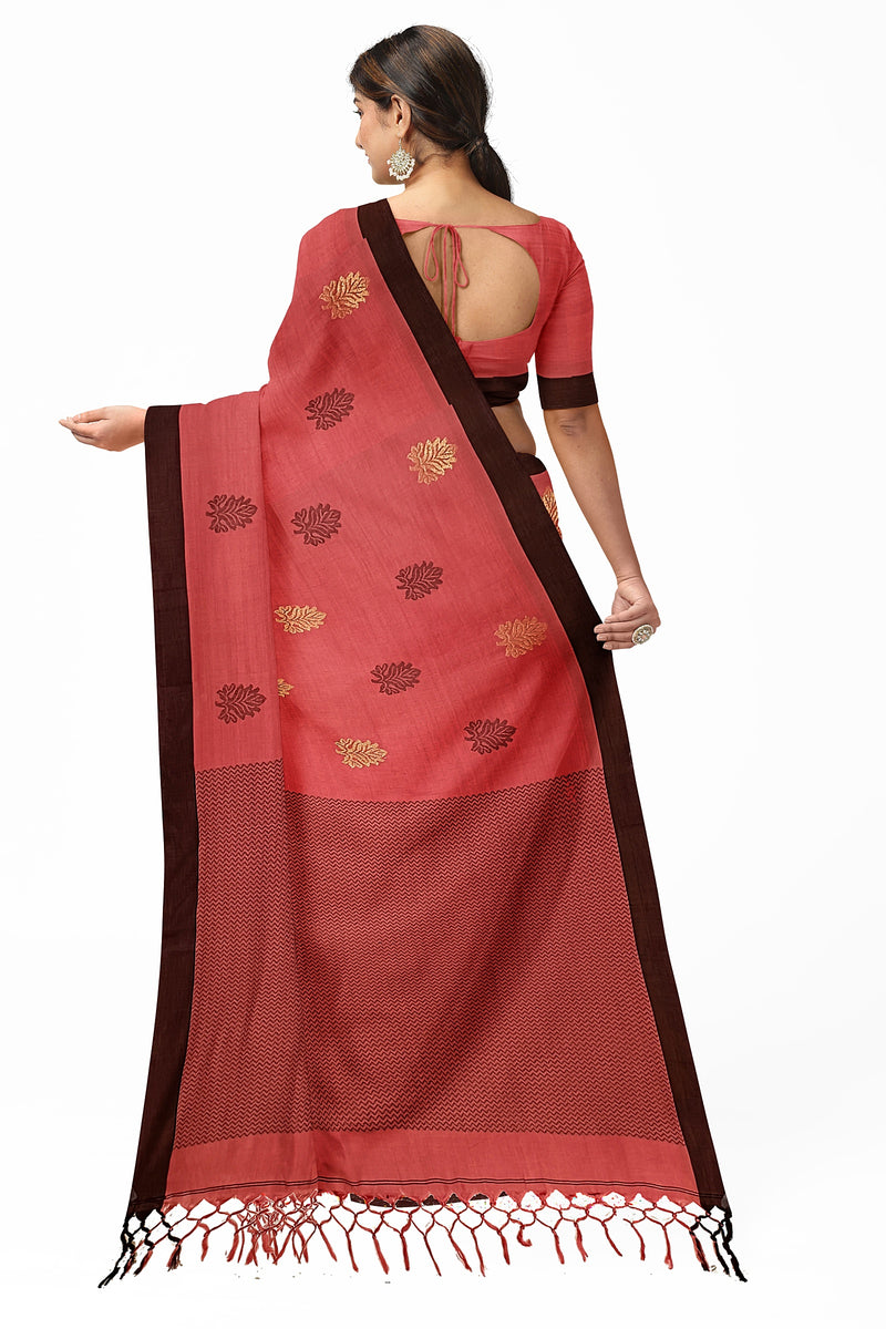 Terracotta & Black Soft Cotton Handloom Saree With Solid Black Border Balaram Saha