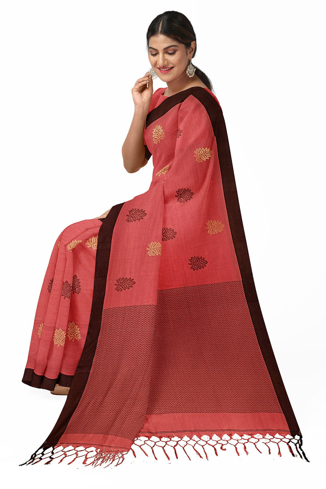 Balaram Saha Terracotta & Black Cotton Handloom Saree With Border