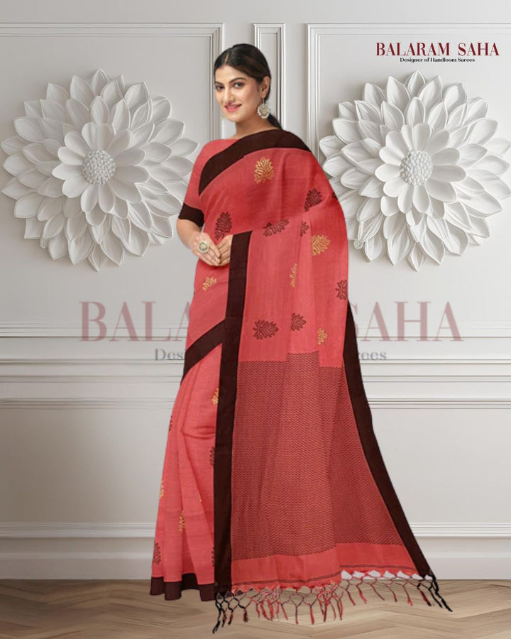 Balaram Saha Terracotta & Black Cotton Handloom Saree With Border
