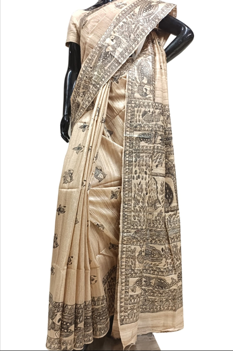 The Black & Beige Madhubani Painting Ghicha Tussar Silk Saree (handloom saree, silk saree, handloom silk saree, balaram saha online, silk sarees, balaram saha handloom saree store photos, balaram saha handloom saree store, silk handloom saree, bengal handloom sarees, pure silk, tussar silk saree, silk saree online, tussar silk) https://www.shutterstock.com/