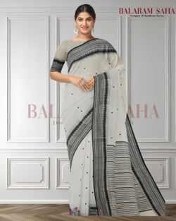 The Balaram Saha Signature: White and Black Handloom Soft Cotton Saree Balaram Saha