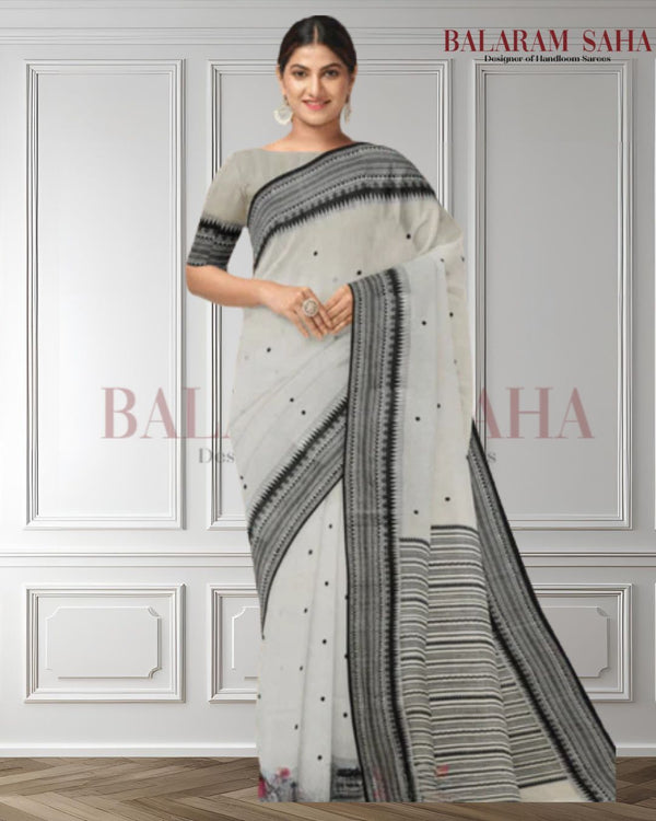 The Balaram Saha Signature: White and Black Handloom Soft Cotton Saree Balaram Saha