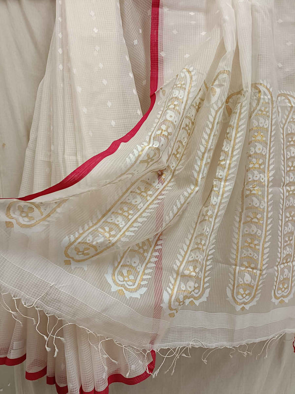 White & Red Handwoven Muslin Silk Jamdani Saree Balaram Saha