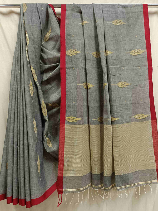 Grey & Red Handloom Handwoven Cotton Jamdani Saree Balaram Saha