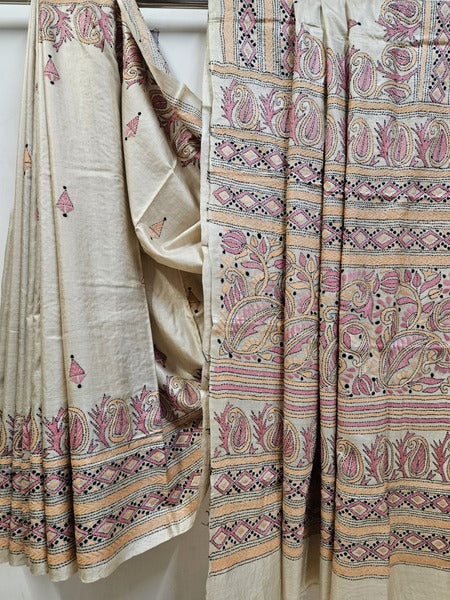 Threads of Serenity Natural Shade & Pink Handloom Tussar Handstitch Kantha Silk Saree (handloom saree, cotton saree, handloom cotton saree, balaram saha online, handloom sarees, balaram saha handloom saree store photos, balaram saha handloom saree store, cotton handloom saree, bengal handloom sarees, pure cotton, Zari border, handloom cotton saree with zari border, soft cotton saree with zari border, cotton saree for women, cotton saree online, kantha silk, kantha silk saree)