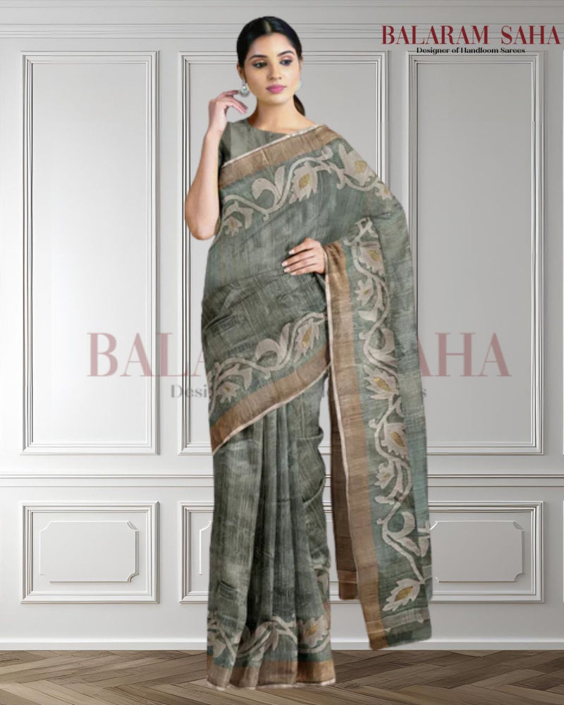 Green White Handloom Tussar Silk Saree With Zari Border (handloom saree, silk saree, handloom silk saree, balaram saha online, silk sarees, balaram saha handloom saree store photos, balaram saha handloom saree store, silk handloom saree, bengal handloom sarees, pure silk, kantha silk saree, tussar silk, tussar silk saree, silk saree online)  https://soundcloud.com/