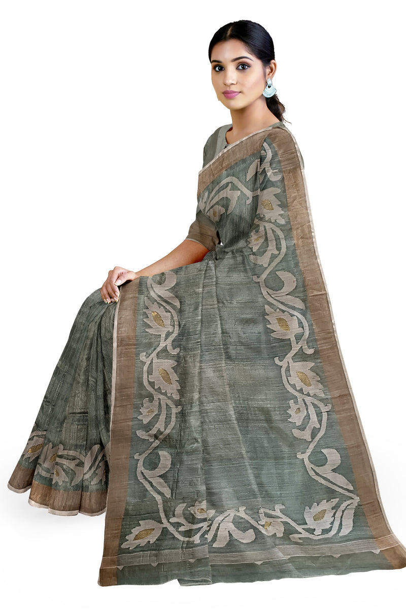 Green White Handloom Tussare Silk Saree With zari Border Balaram Saha