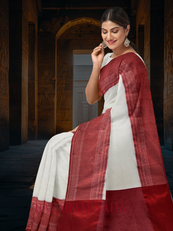Balaram Saha's Off White Handloom Cotton Saree with Red Contrast Border - (handloom saree, cotton saree, handloom cotton saree, balaram saha online, handloom sarees, cotton handloom saree, bengal handloom sarees, pure cotton, cotton saree for women, cotton saree online)    https://www.eventbrite.com/