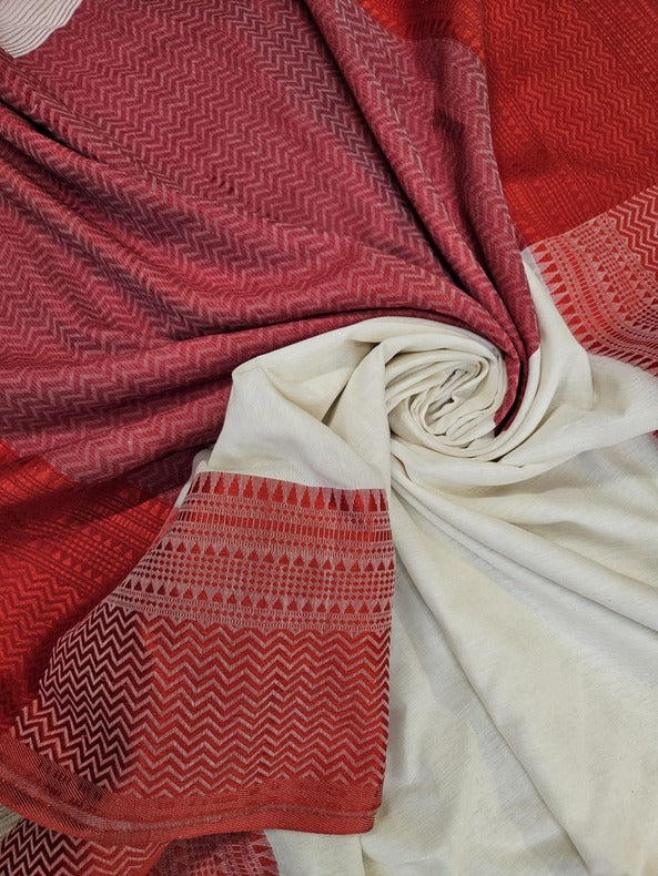 Balaram Saha's Off White Handloom Cotton Saree with Red Contrast Border - (handloom saree, cotton saree, handloom cotton saree, balaram saha online, handloom sarees, cotton handloom saree, bengal handloom sarees, pure cotton, cotton saree for women, cotton saree online)     https://soundcloud.com/